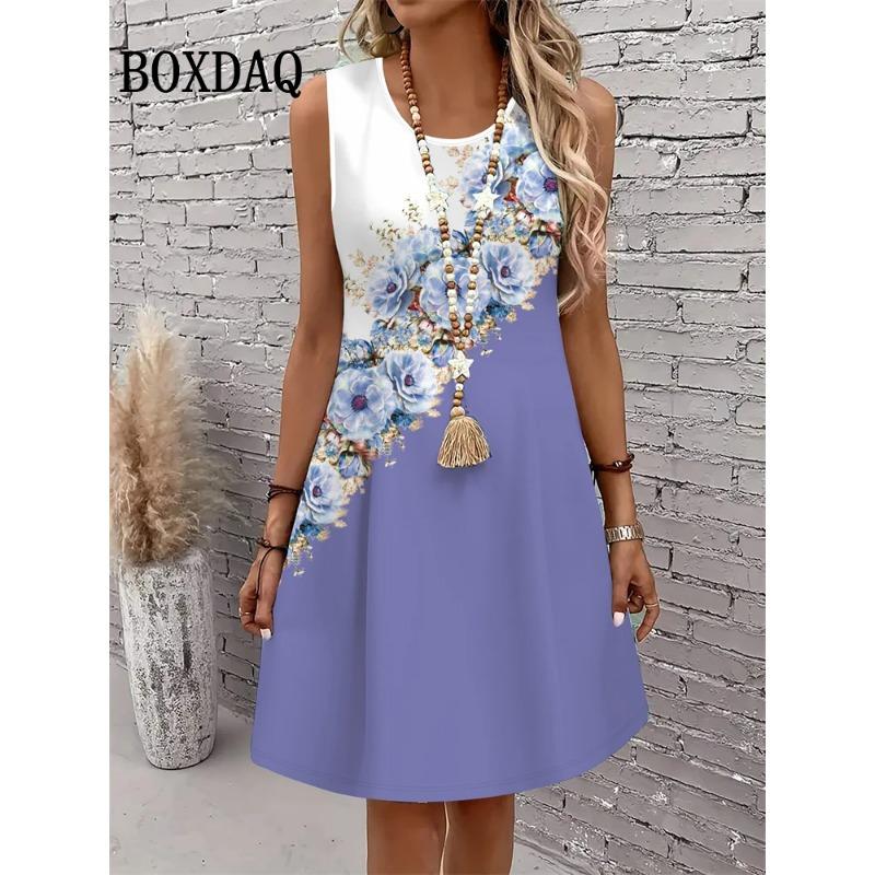 Women Bohemia Floral Print Dresses Summer Retro Sleeveless Vest Loose Dress Casual Sundress Flowers Print Short Dress Vestidos
