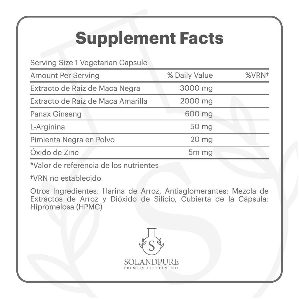 Maca Negra Complex – 120 Cápsulas Vegetales | Suplemento con Ginseng, Zinc y L-Arginina | Energía y Vitalidad – Calidad Premium Solandpure®
