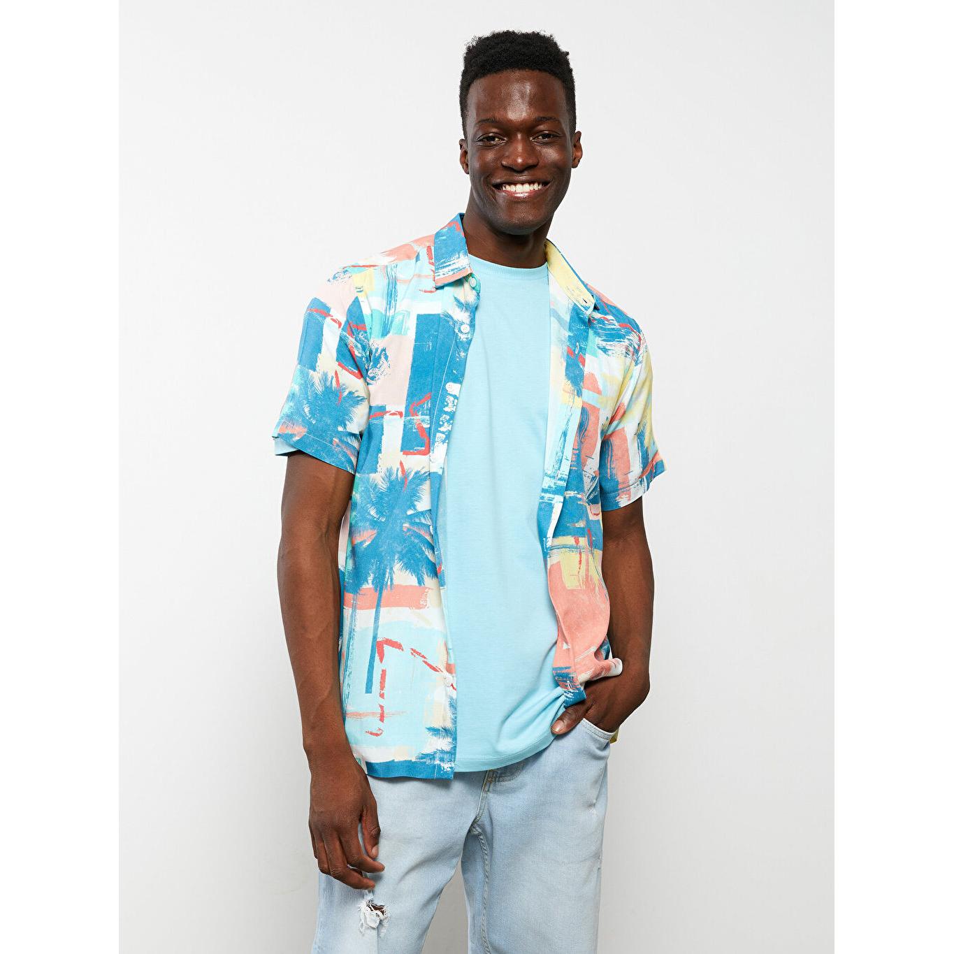 

XSIDE Обычный крой с коротким рукавом и узором из вискозы Мужская рубашка, белая