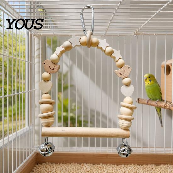 Wooden Blocks Bird Chew Toy Parrot Swing Perch, Toy, Beaded Arch Play Gym with Bells or Pine Cones, Cage Accessories for Parakeet Cockatiel