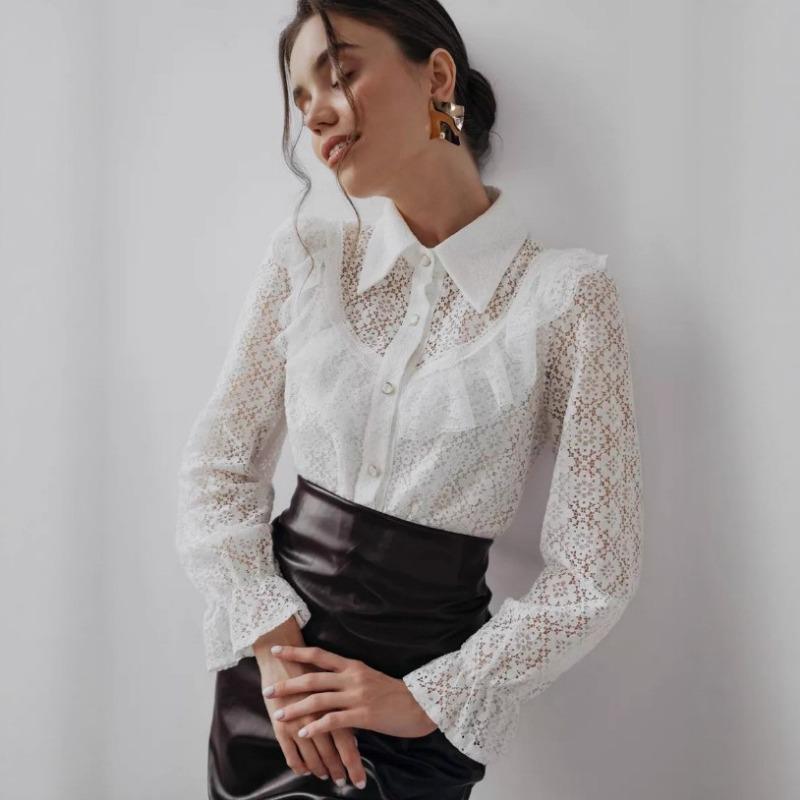 White Elegant Lace Women Shirt See Through Ruffled Fashion Spring Summer Loose Long Sleeve Blouse Female Hollow Out Lapel Fashion Sweet Tops