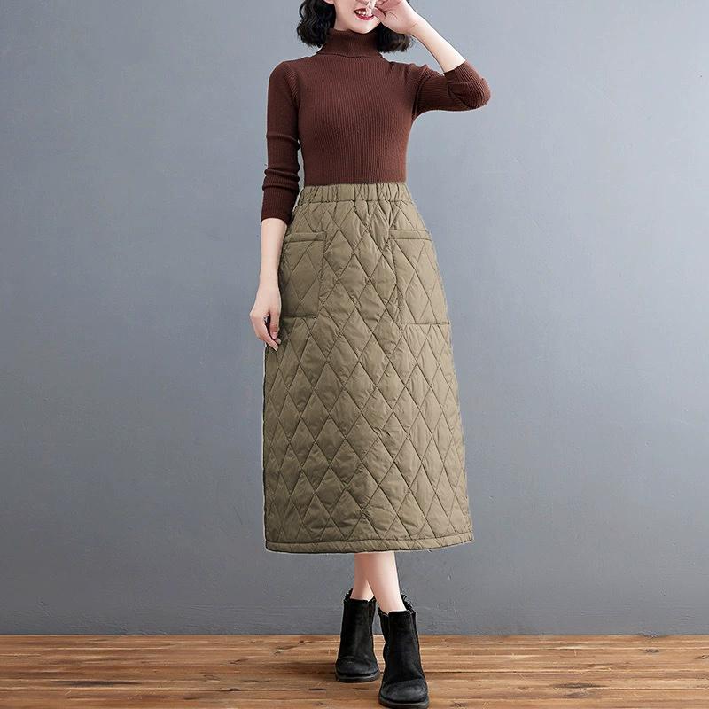 Jupe Mi-Longue Matelassée Coton Rétro Femme Épaisse Chaude Hiver Nouveau Style Coupe Droite Épaisse Ventproof Jupe Coton Tendance losange
