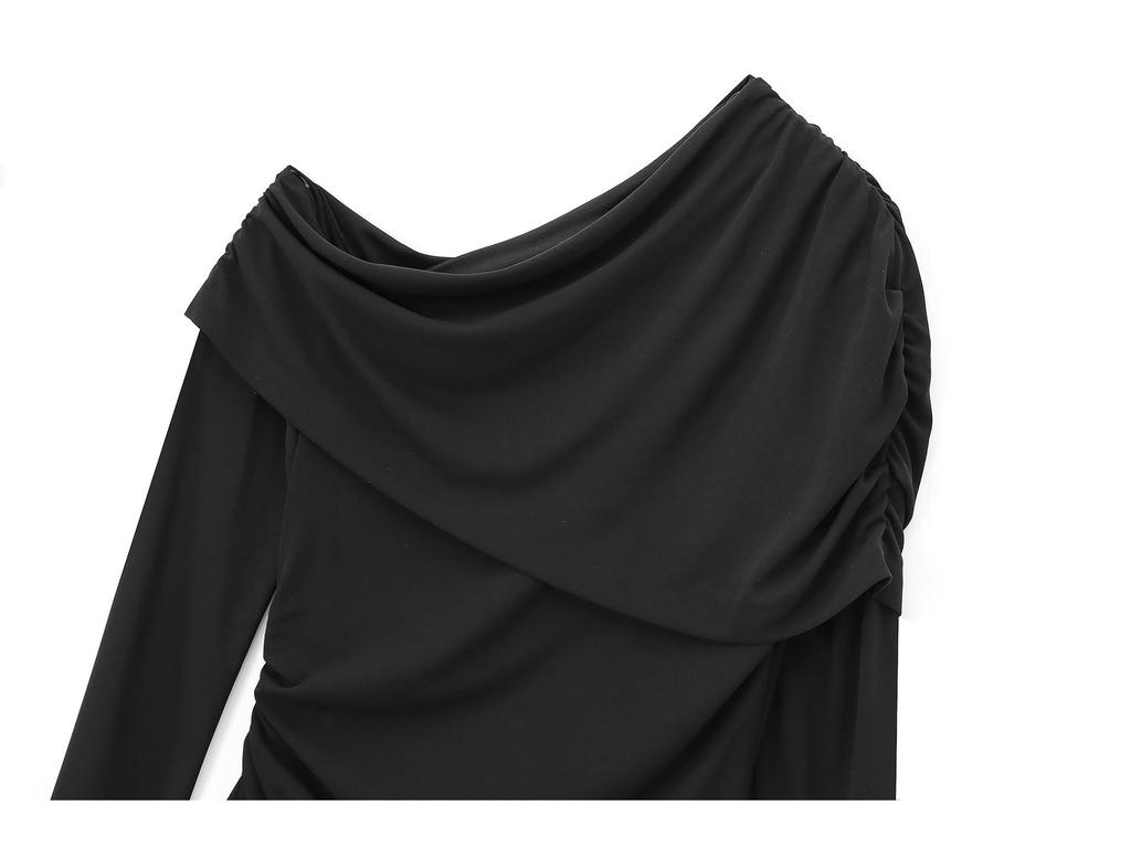 2025 Women's European & American Style Asymmetrical Pleated One-Shoulder Dress