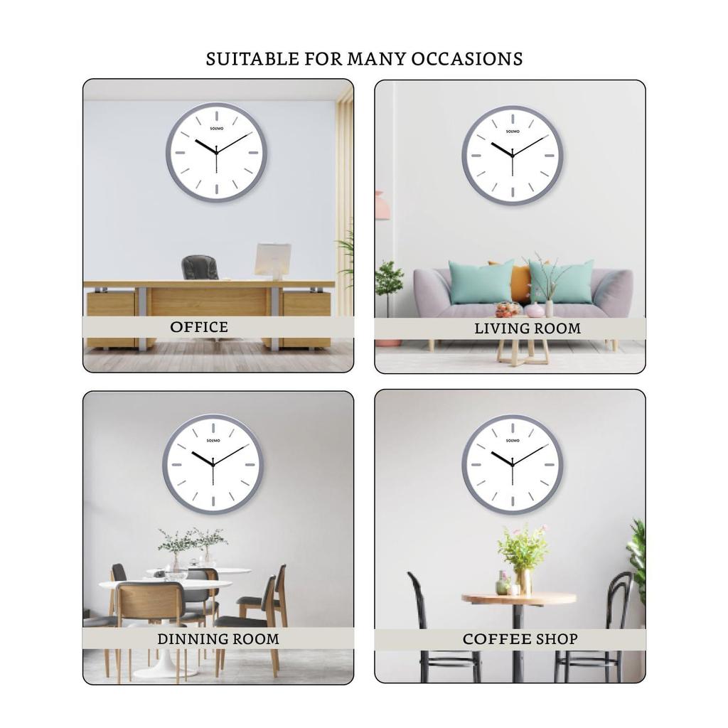 Relógio de Parede Analógico Metálico Elegante, Movimento Silencioso, Indicador de Hora com Linhas Marcantes (12 Polegadas, Moldura Prateada)