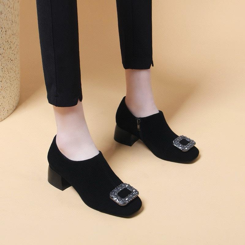 Deep Mouth Single Shoes Women's Spring Niche Personalized Square Buckle High Heels Black Thick Heel Premium Ankle Shoes