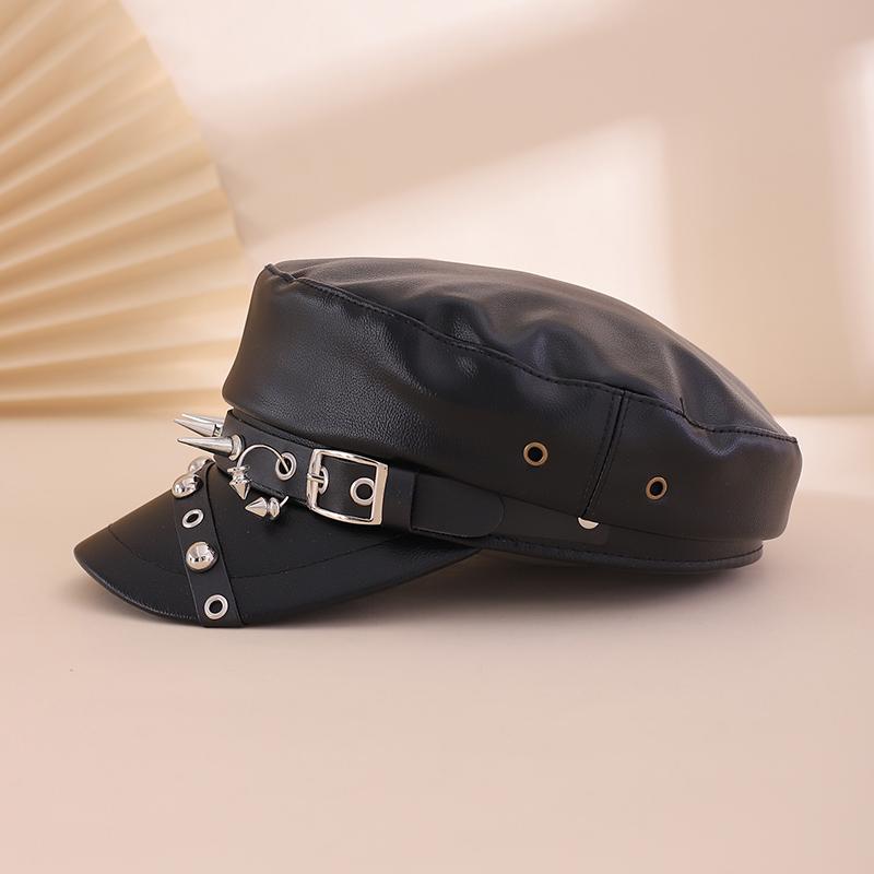 Black PU leather rivet belt buckle trendy Y2K flat-top newsboy cap for daily shopping and gatherings