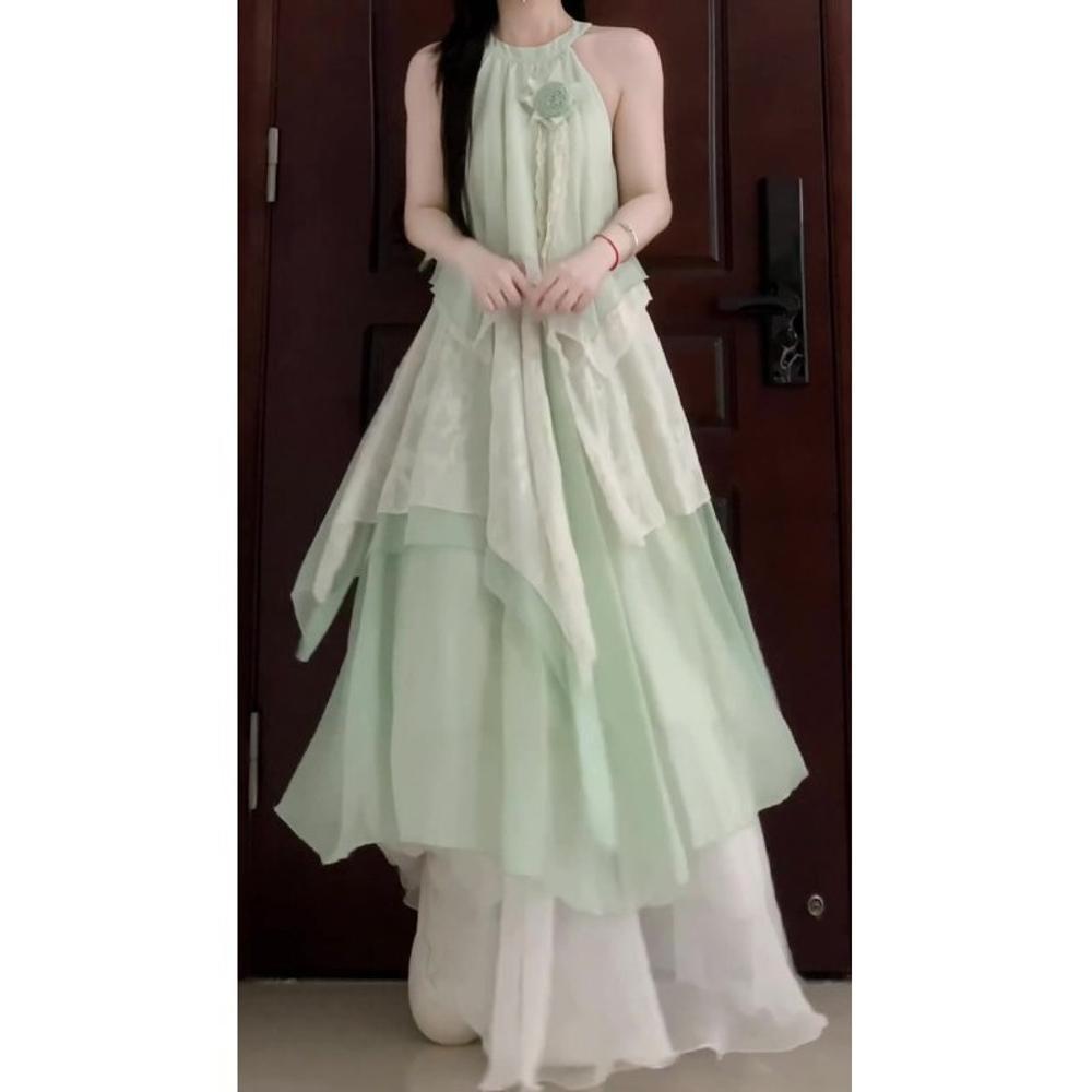 Rochie Verde Mentă Neregulară fără Mâneci cu Gât pentru Femei de Vară Casual Rochie Lungă cu Temperament Nou pentru Femei