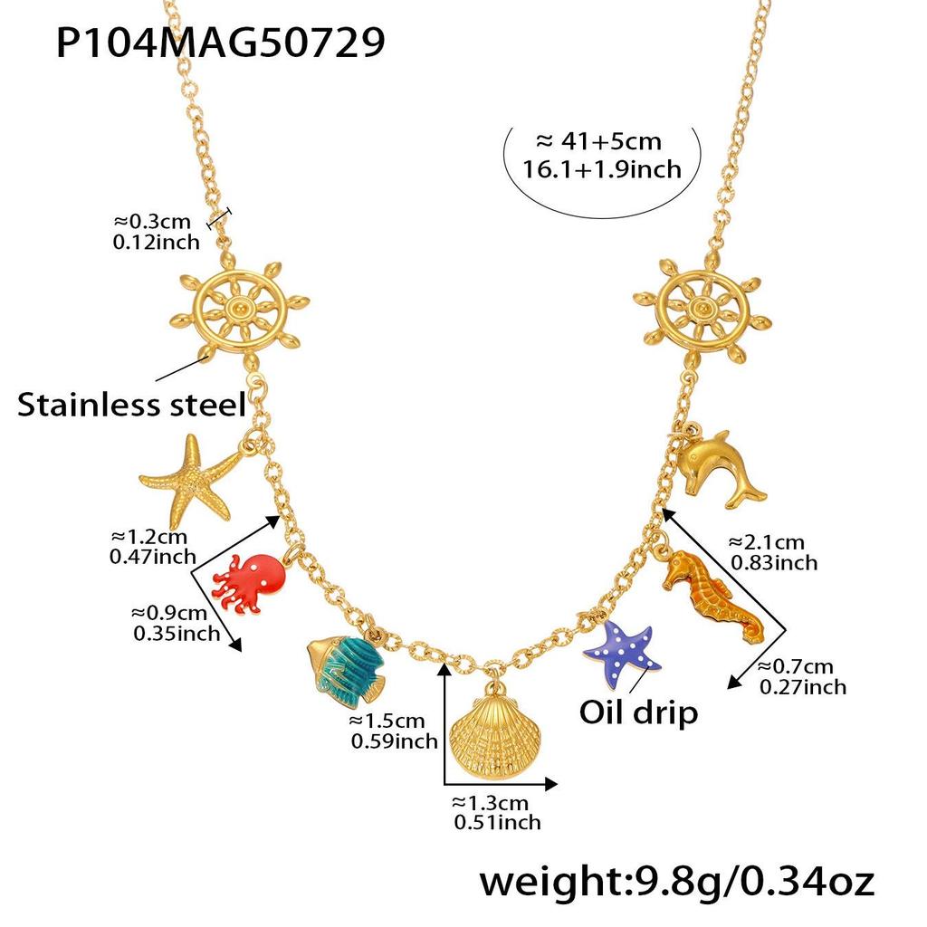 Oumayka Ocean Vacation Style Drip Oil Starfish, Seashell & Seahorse Stainless Steel Necklace