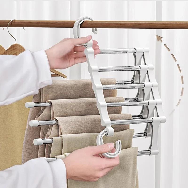 5 In 1 Magic Trouser Rack Hangers Stainless Steel Folding Pant Rack Tie Hanger Shelves Bedroom Closet Organizer Wardrobe Storage