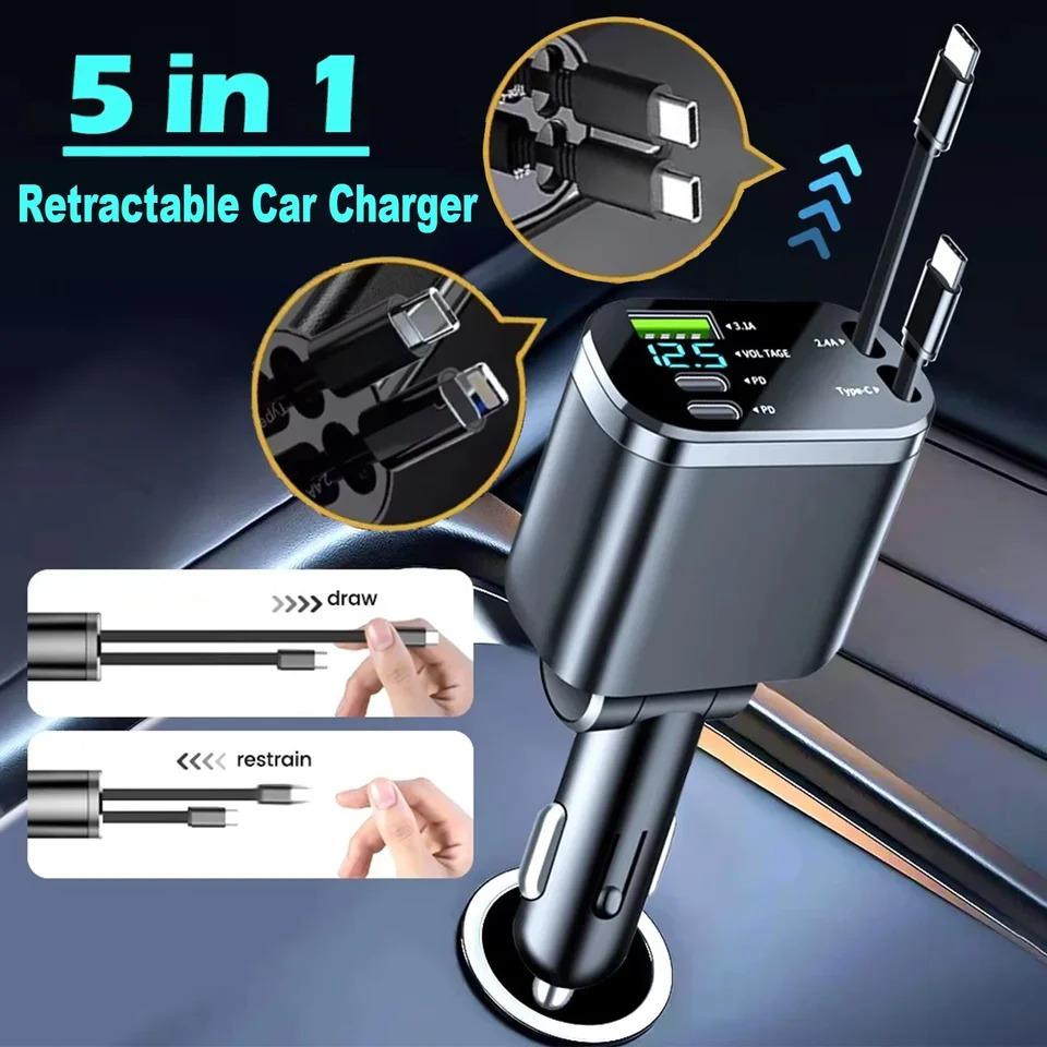 NEW 5-IN-1 150W Retractable Car Charger Mobile Phone USB PD Type C Cable For iPhone Fast Charge Cord Cigarette Lighter Adapter Car Accessories