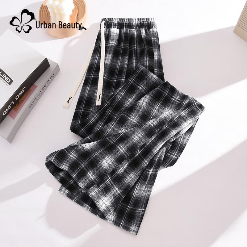 Women's High-Waist Plaid Straight-Leg Casual Pants