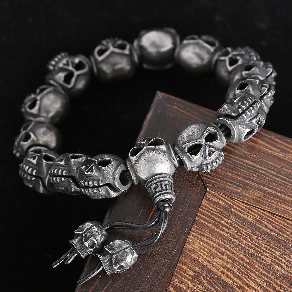 Brățară cu lanț din mărgele cu cap de craniu lucrată manual cool pentru bărbați, din oțel inoxidabil solid, pentru bărbați, brățări pentru bărbați, punk rock, bijuterii, accesoriu