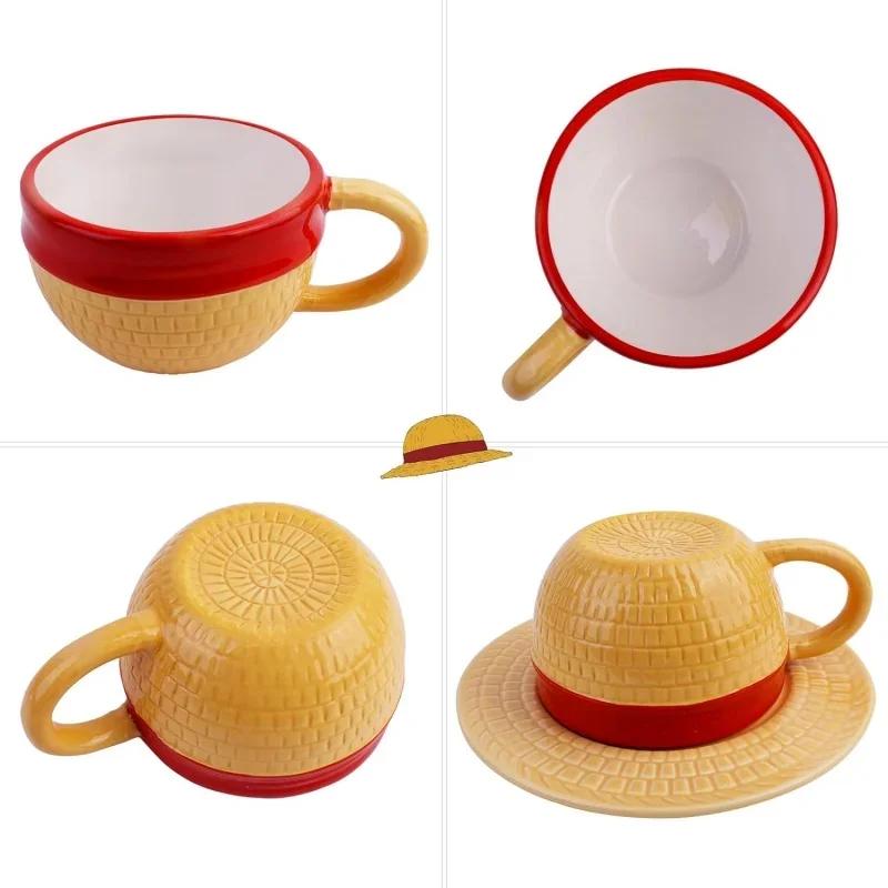Tazza da caffè Anime con piattino creativo Luffy Ace Sabo Three Brothers Cappello a forma di tazza da caffè in ceramica, regalo di compleanno per bambini