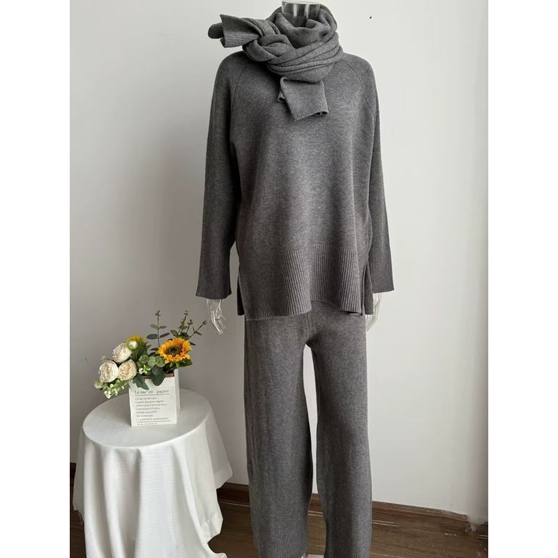 

Fashion Loose Knitted Sweater Pants with Scarf Suit Knited Sweater and Pants Set Grey All yards