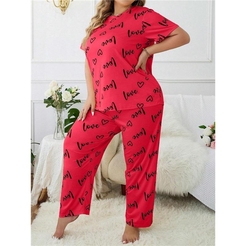 Large Love Love Printed Short Sleeve Pajama Set Loose And Comfortable Two Piece Home Clothes Set