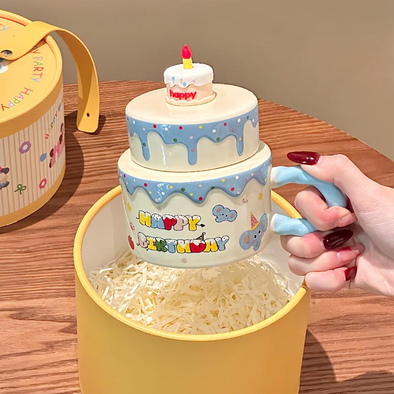 ins cute cake ceramic mug with lid girl high-end drinking cup birthday gift souvenir gift box