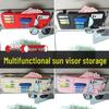 Multifunctional Car Sun Visor Organizer with Sunglasses Clip, Zippered Card Holder, and Bill Clip.