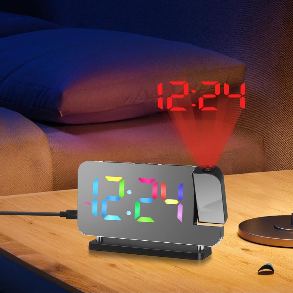 Bedroom Ceiling Projection Alarm Clock, 180° Rotatable Time Projector with Colorful RGB Night Light, Digital LED Display Clock