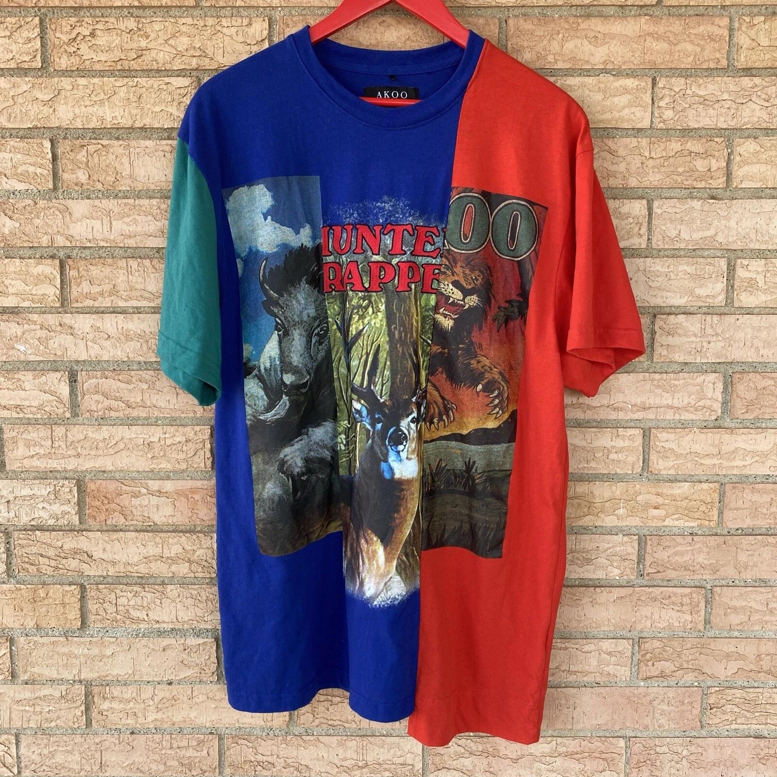 Akoo Brand Graphic T-Shirt size Large Hunter Trapper cut panel asymmetrical hem 2XL