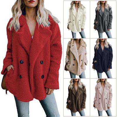 Chaqueta de mujer con solapa y botones de felpa y bolsillo para otoño e invierno, abrigo cálido de piel sintética, forro polar artificial esponjoso, chaqueta opcional de talla grande, ropa para mujer
