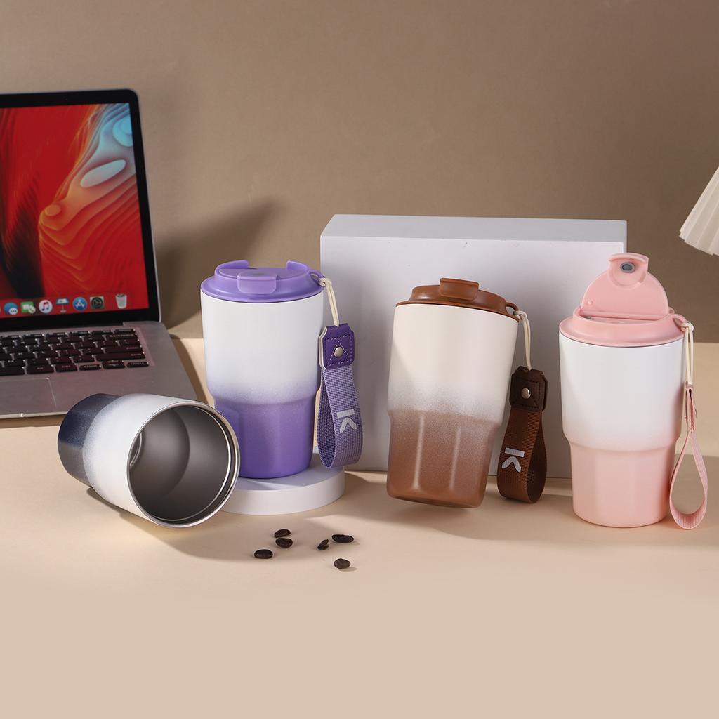 Gradual change color nine angle coffee cup stainless steel thermos cup outdoor with lifting rope double drink accompanying cup