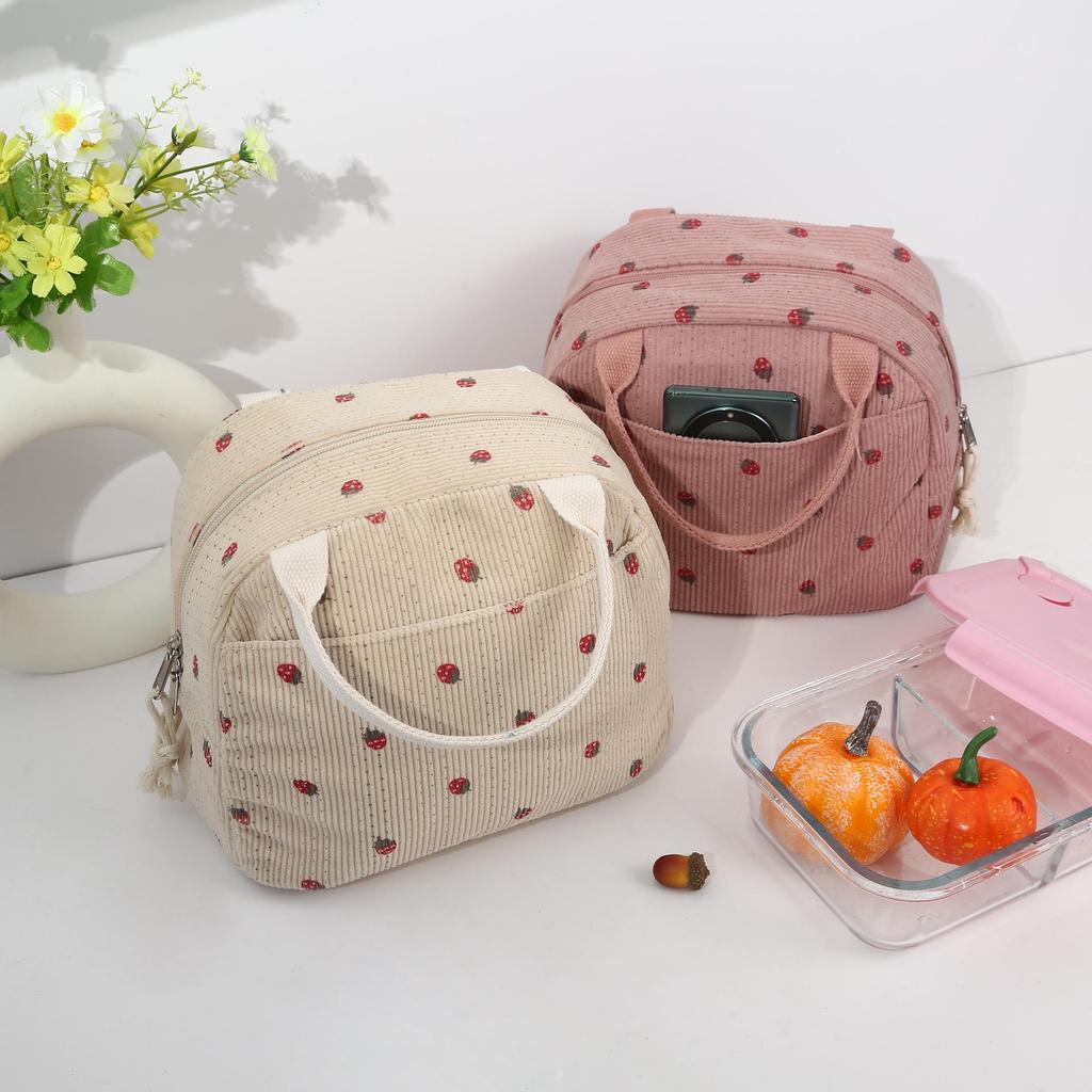 Corduroy Large-Capacity Insulated Lunch Bag for Women - Portable, Heat-Preserving Bento Tote