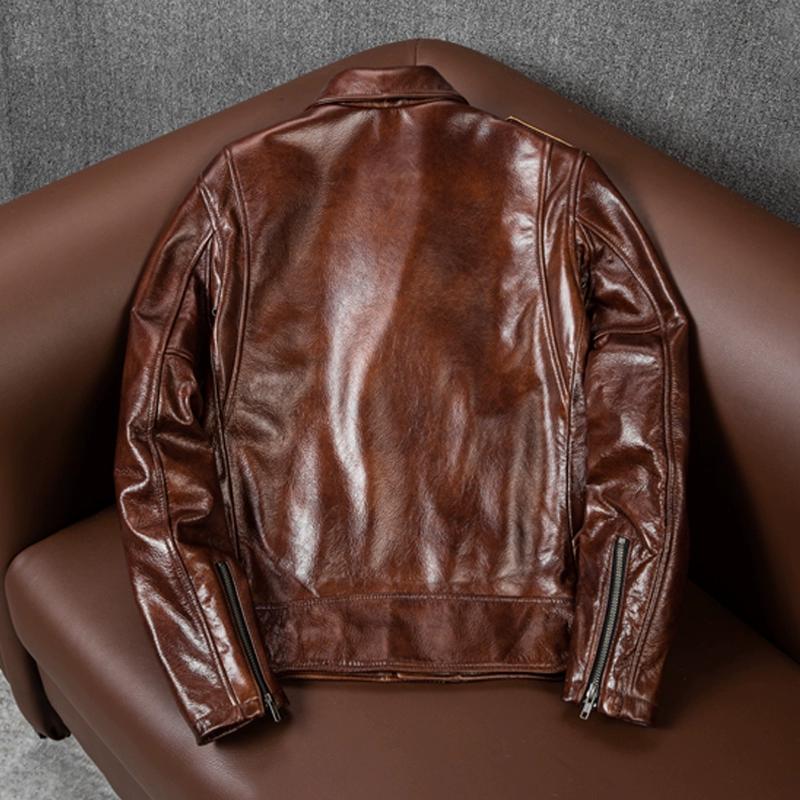 Pure Waxed Full Grain Leather Jacket Mens Heavy Motorcycle Biker Coat Fashion Large Size Outerwear