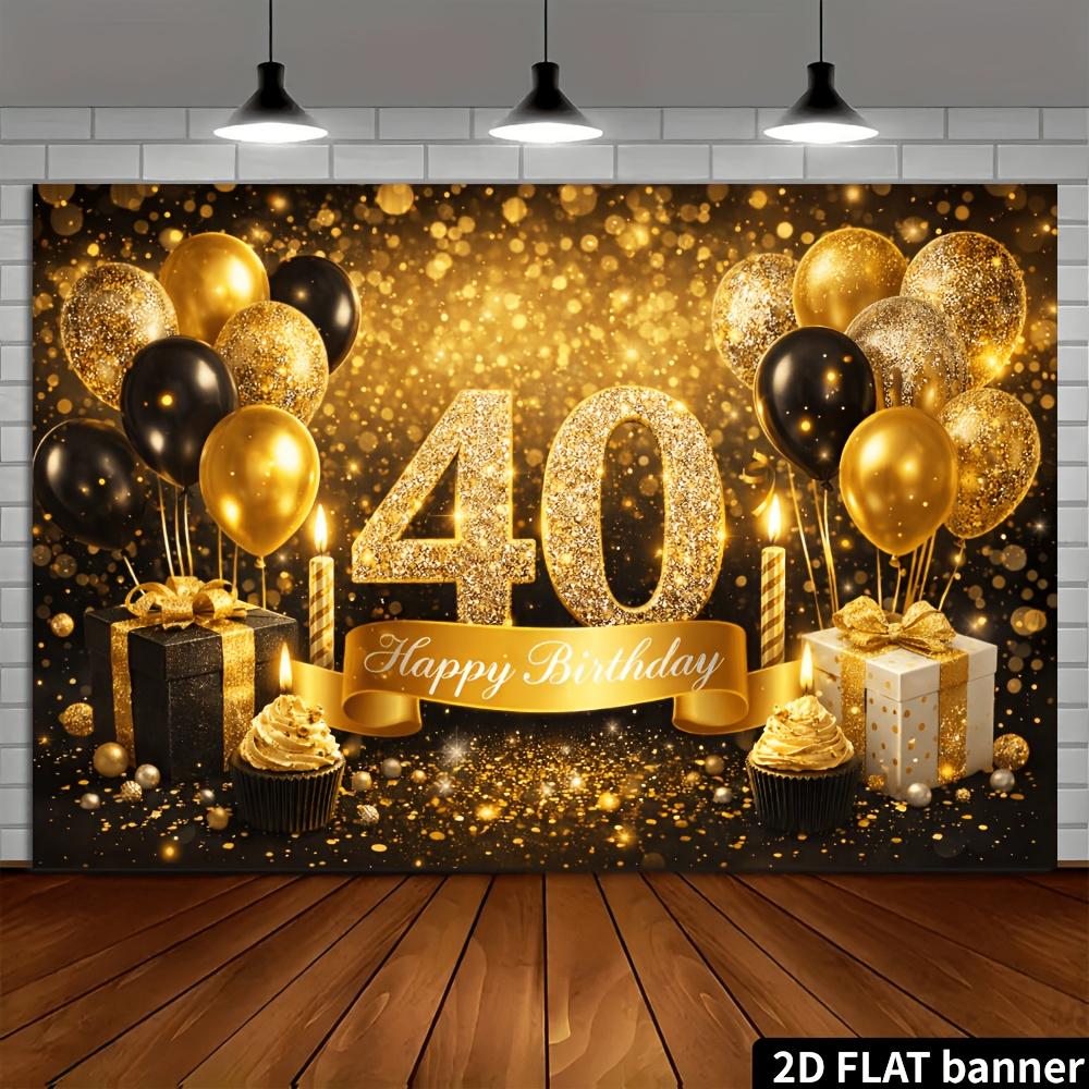 2D-Ebene 40. Geburtstag Party Banner Hintergrund mit Schwarz-Gold-Glitzer-Thema, hergestellt aus strapazierfähigem Polyestermaterial
