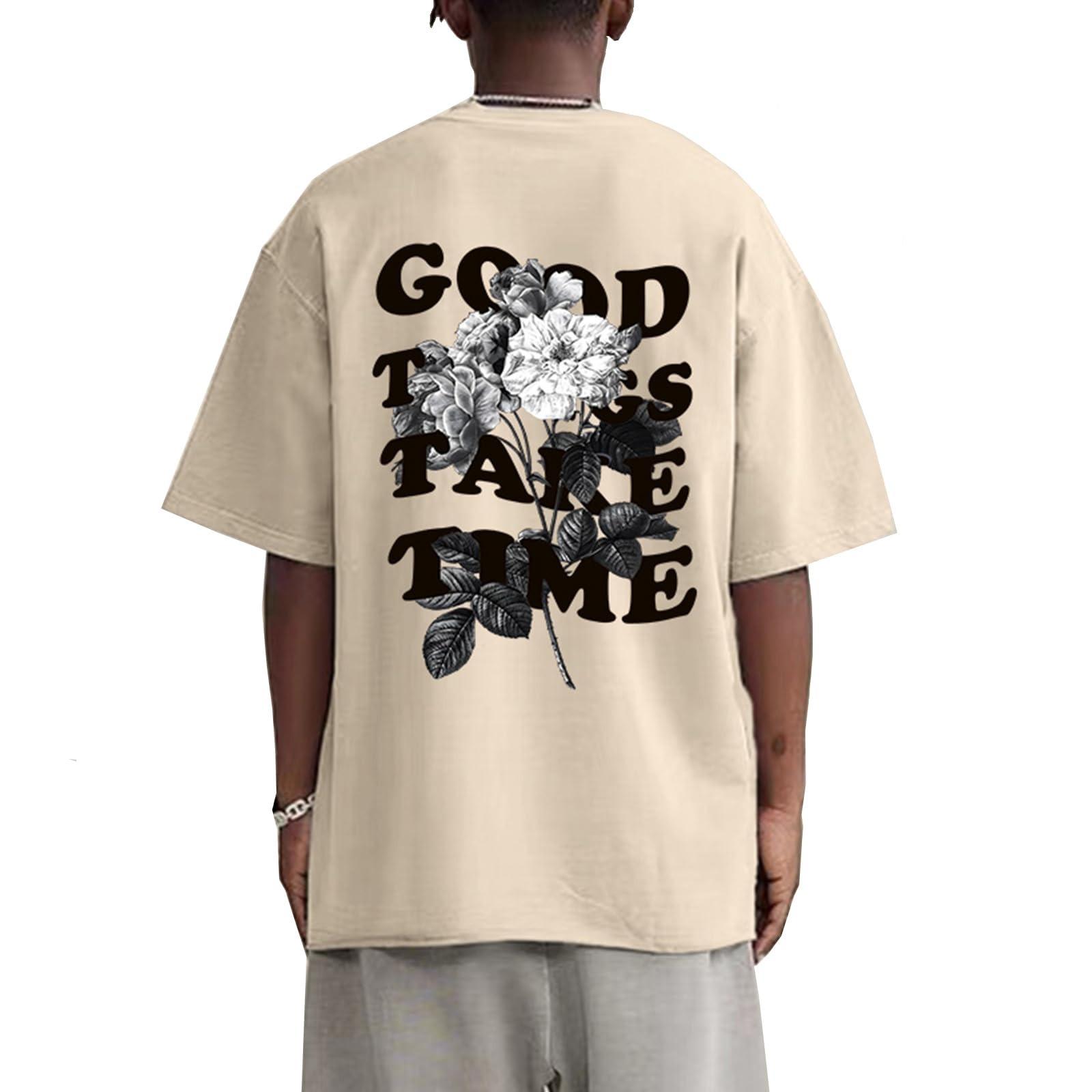 Men s Motivational Quote & Rose Graphic Tee,  Good Things Take Time  Streetwear Oversized T-Shirt L бежевый