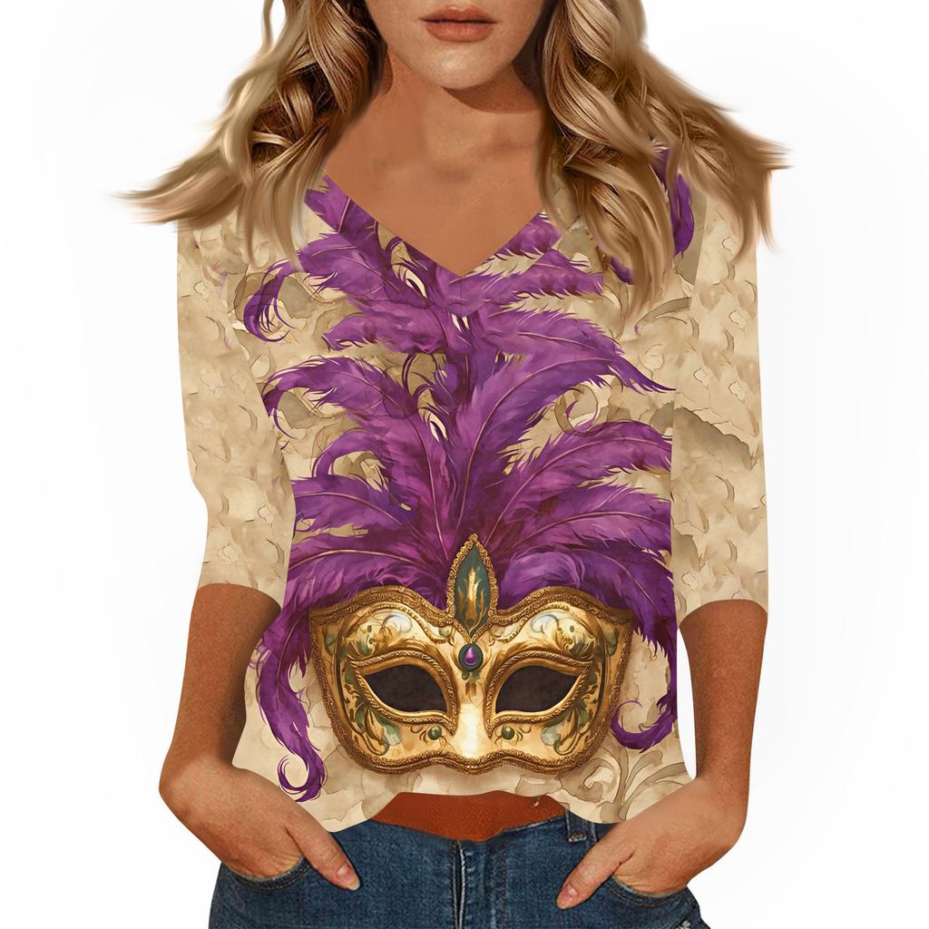 Women's T Shirt Print 3/4 Sleeve Daily Weekend Fashion Basic V- Neck Regular Top
