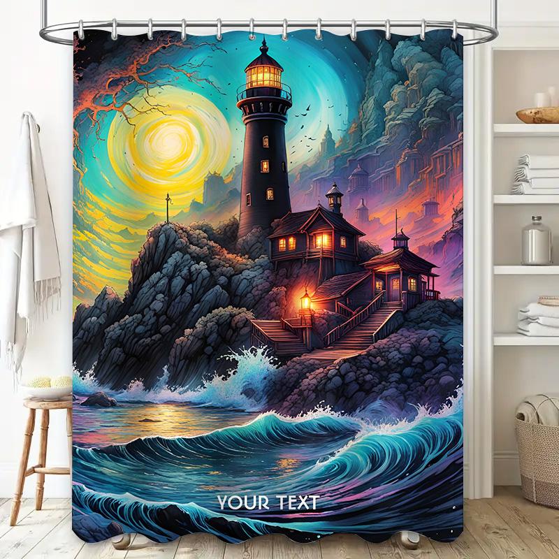 Fantasy Lighthouse Shower Curtain Artistic Ocean Waves Print Bathroom Decor Customizable Text Printing