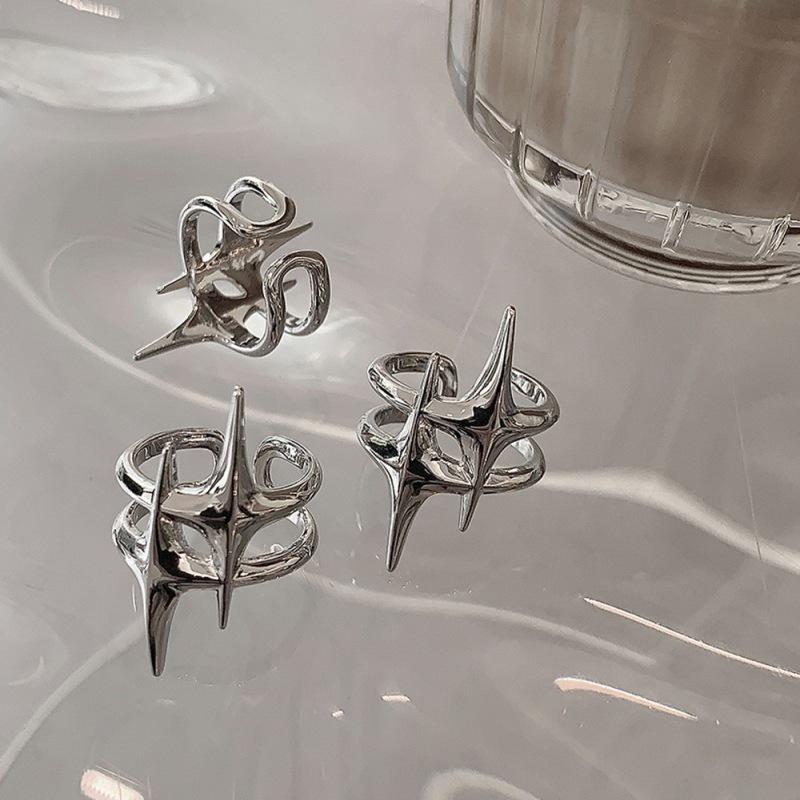 Geometric Starburst Double Layer Adjustable Silver Ring for Women
