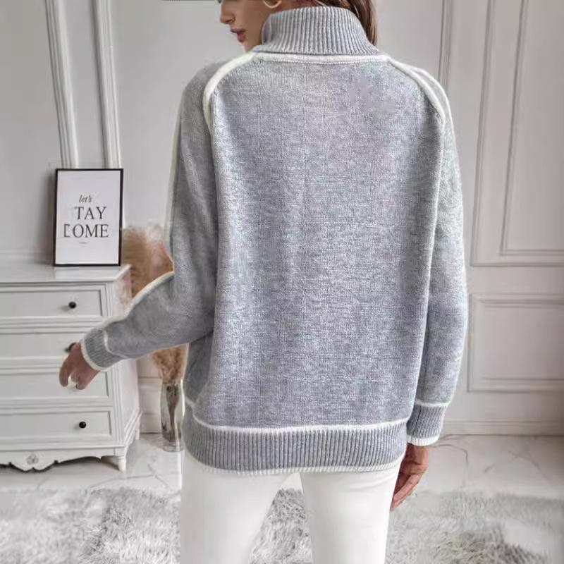 Cozy Fall and Winter Fashion Women's Elegant Knitted Thick Warm Hoodie Color Blocked Half High Collar Versatile Striped Sweater Jumper