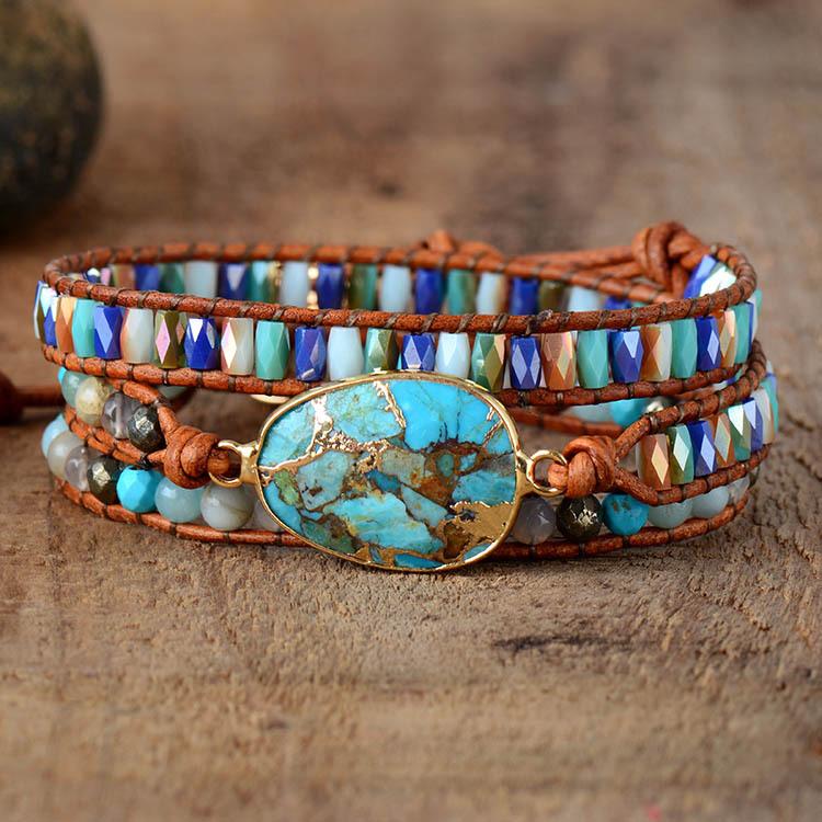 Luxury Cross Mirror Hot Sale Egg-Shaped Turquoise Bracelet Crystal Beads Fashion Retro Cowhide Handwoven Bracelet