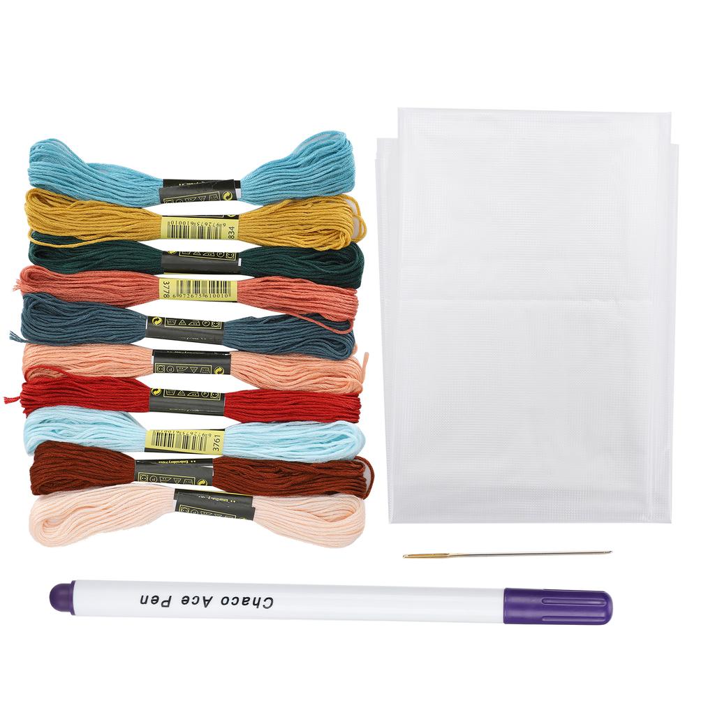 Cross Stitch Set 10 Color Embroidery Thread Water Soluble Cloth Needle Kit for Beginner