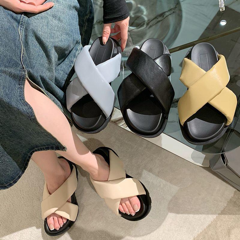 Summer Height Slides High Up To 5cm Heel Woman Slippers Off White Sandals Rubber Open Toe Shoes for Women 2024 Easy Wears Casual