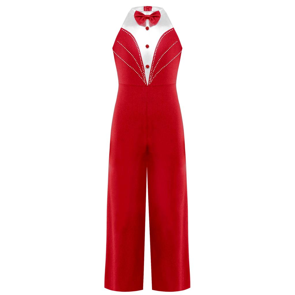 Girls Color Block Jumpsuit Sleeveless Bodysuit Metallic Patchwork Rhinestone Decoration Stage Performance Costume