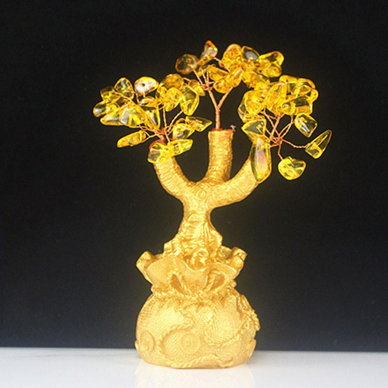 Exquisite Feng Shui Money Tree Featuring Yellow Citrine And Amethyst Crystal Leaves