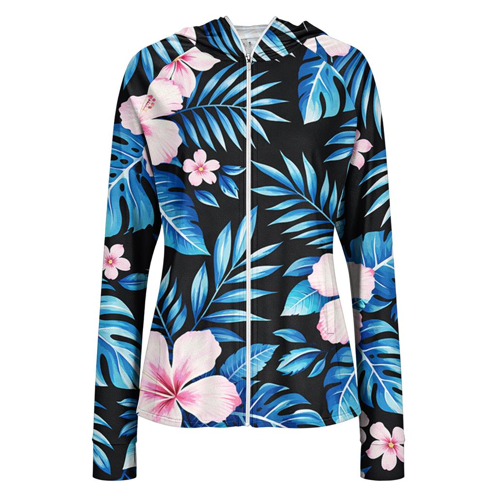 Women's Lightweight Zip-Up Hoodie with Hood and Pockets Hawaiian Print Long Sleeve Sun Protection Jacket for Outdoor Activities