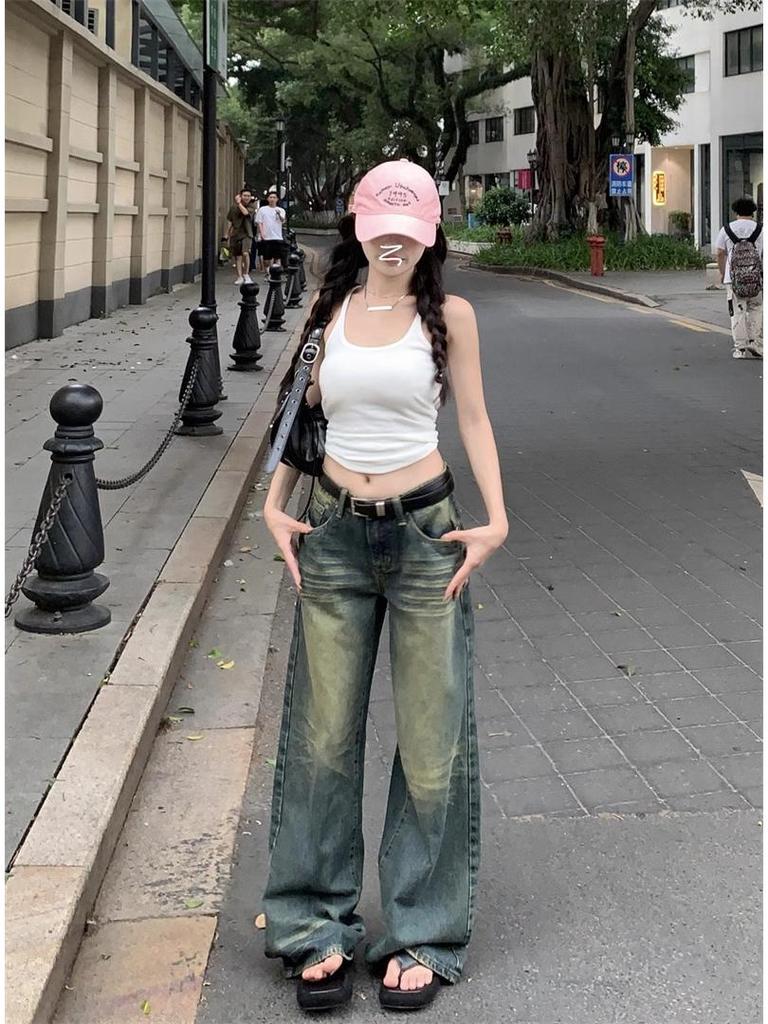 Plus Size Retro Distressed Low Waist Straight Jeans for Women - Autumn Loose Fit Wide Leg Trousers