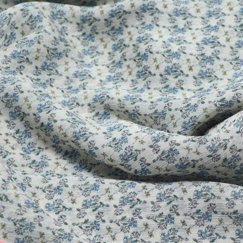 Korean Earthy Blue Floral Pleated Chiffon Fabric for Dress, Top, and Skirt
