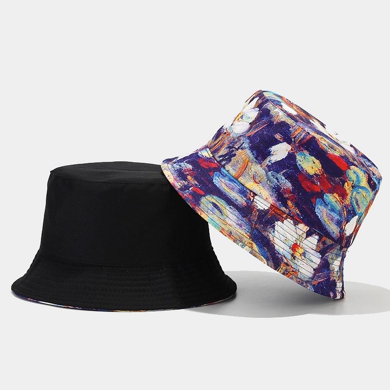 European and American new creative oil painting style double-sided bucket hat female tide travel shopping sun hat male leisure basin hat