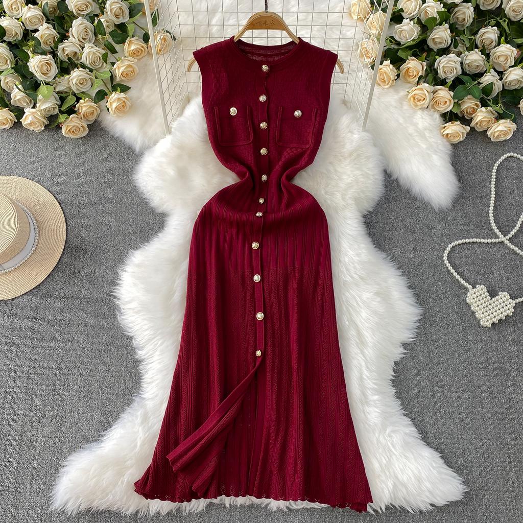 Summer Women O-neck Sleeveless Single Breasted Knitted Mid-calf Slim Tank Sweater Dresses