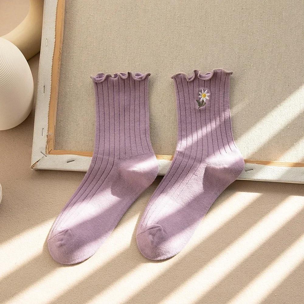Women Socks Korean Japanese Style Cartoon Green Flower Harajuku Cute Kawaii Mid Tube Socks Breathable Casual Short  Cotton Socks