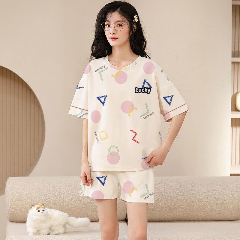 Summer simple casual pajamas women's Korean version cool thin cotton round neck short-sleeved shorts set women's loungewear summer