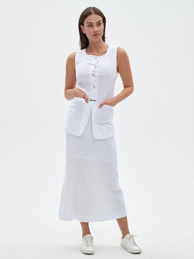 Capable Solid Color Linen Blend Micro-Elastic Vest & Long Dress Two-Piece Set - Summer/Autumn for Work or Casual Wear