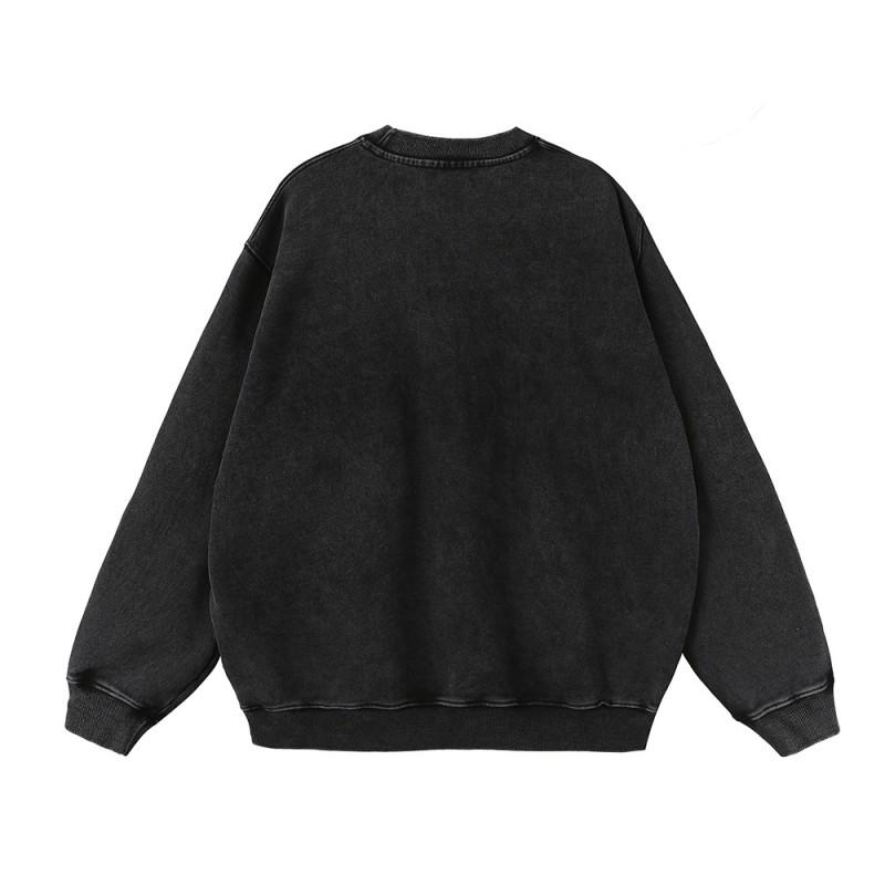 Mens Oversized Hooded Sweatshirt With Distressed Wash Effect Cartoon Print Loose Fit Streetwear Long Sleeve Cotton