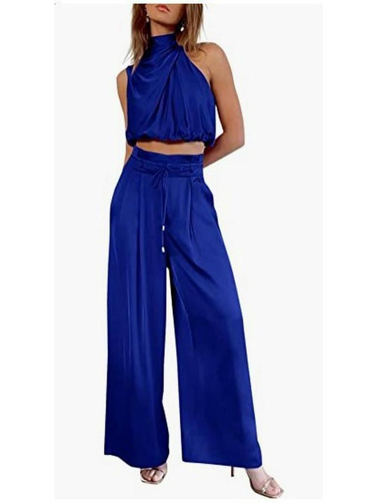 Damen Ärmelloses Stehkragen Crop Top & Weitbein Hose Set