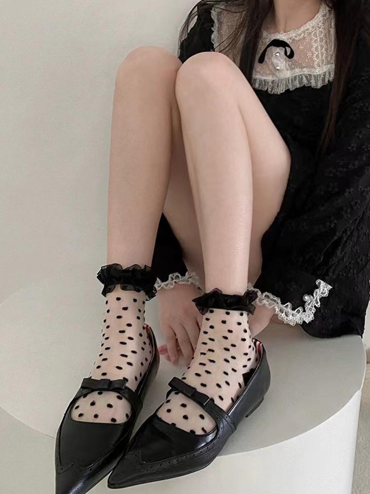 3 Paar Spitzen-Spitzen-Mittelschaftsocken Damen Netz-Pünktchen Schwarzpilz-Rand Dünne Japanische Kurze Socken Süße Glasfaser-Socken