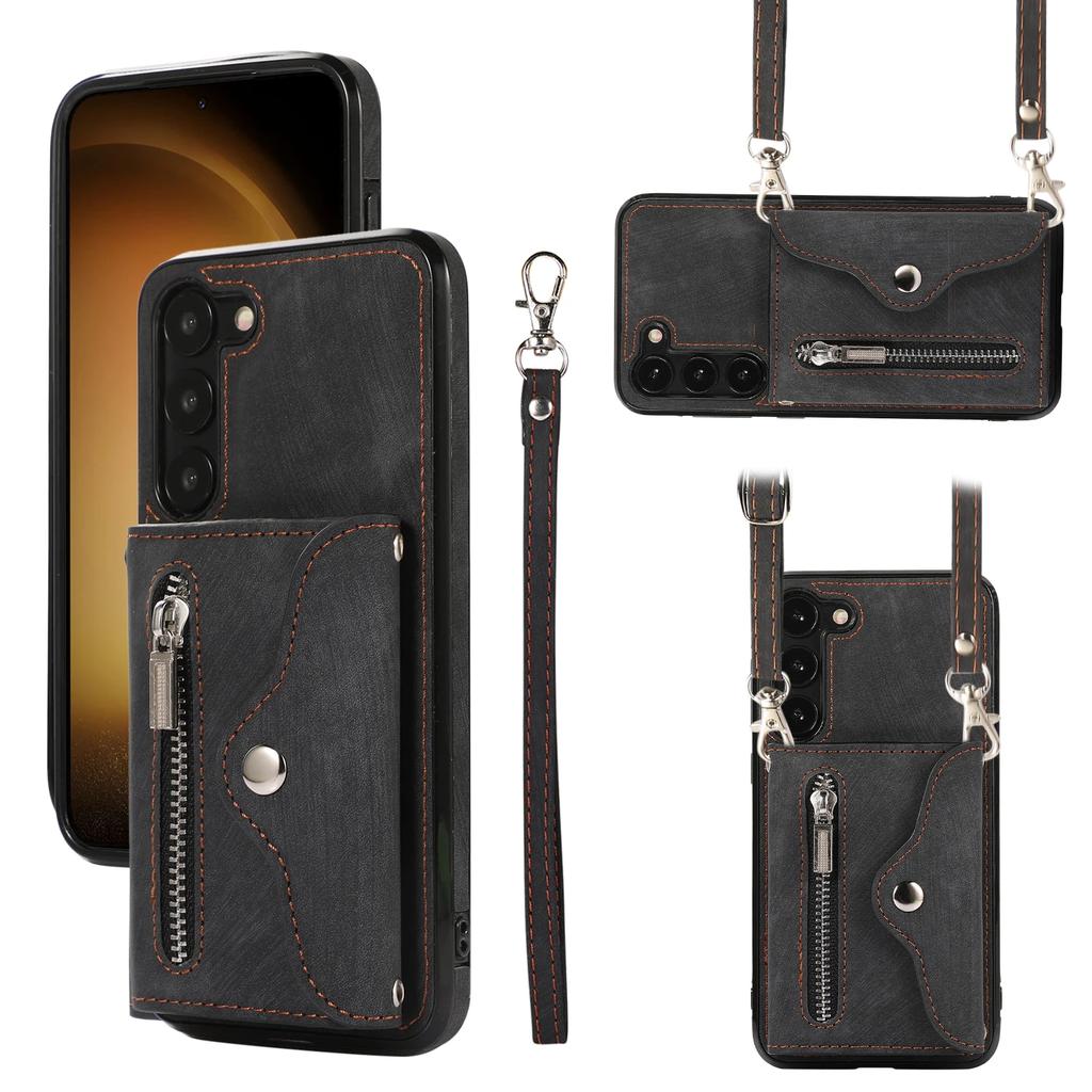 Long Lanyard Zipper Wallet Leather Cards Solt Case for Samsung Galaxy S25 Ultra S24 S23 S22 S21 FE A55 A35 A15 Crossbody Cover